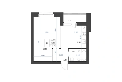1-КОМНАТНАЯ, 43,08 М²