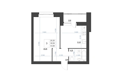 1-КОМНАТНАЯ, 43,08 М²