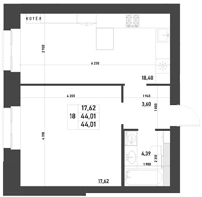 1-КОМНАТНАЯ, 44,01 М²