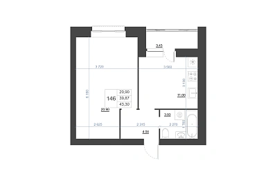 1-КОМНАТНАЯ, 43,3 М²