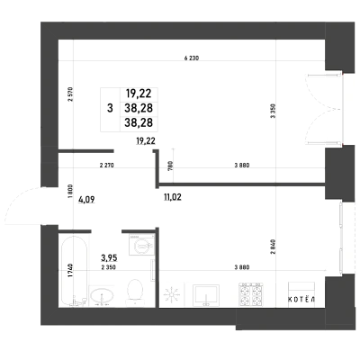 1-КОМНАТНАЯ, 38,28 М²