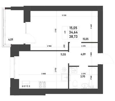 1-КОМНАТНАЯ, 38,73 М²