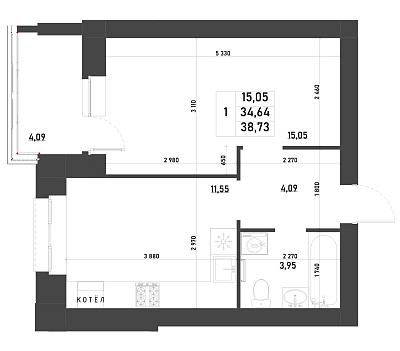 1-КОМНАТНАЯ, 38,73 М²