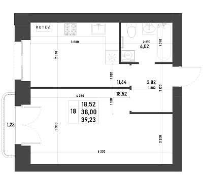 1-КОМНАТНАЯ, 39,23 М²