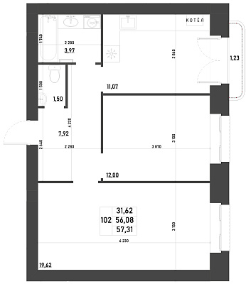2-КОМНАТНАЯ, 57,31 М²