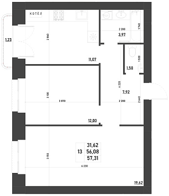 2-КОМНАТНАЯ, 57,31 М²