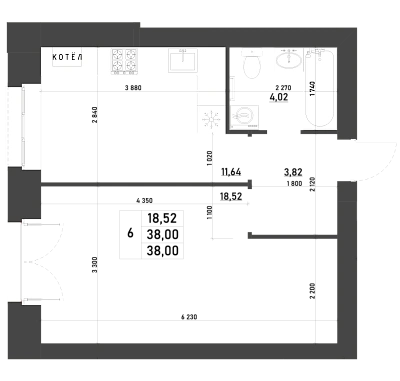 1-КОМНАТНАЯ, 38 М²