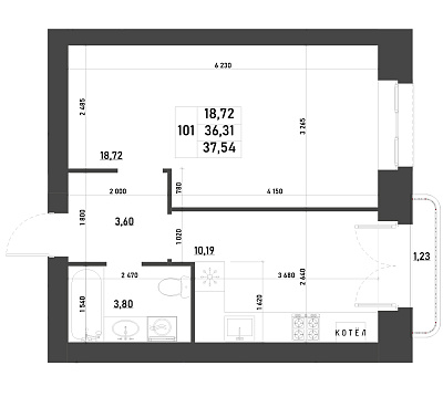 1-КОМНАТНАЯ, 37,54 М²