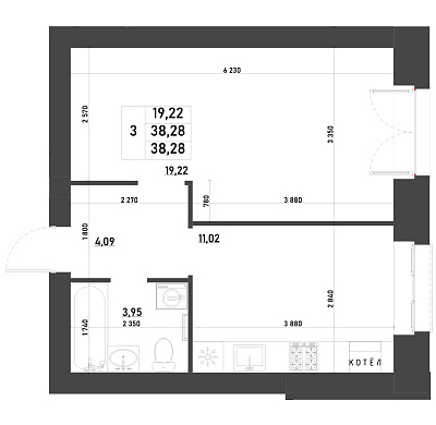 1-КОМНАТНАЯ, 38,28 М²