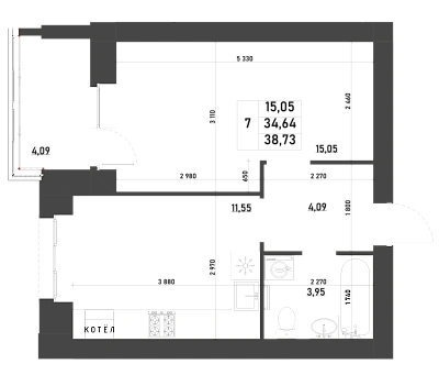 1-КОМНАТНАЯ, 38,73 М²